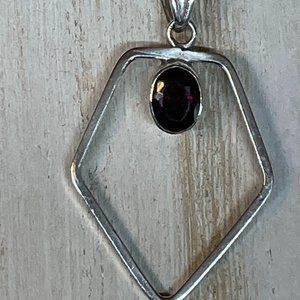 STERLING SILVER Geometric Open Frame Pendant With Dark Garnet Gemstone Pendant